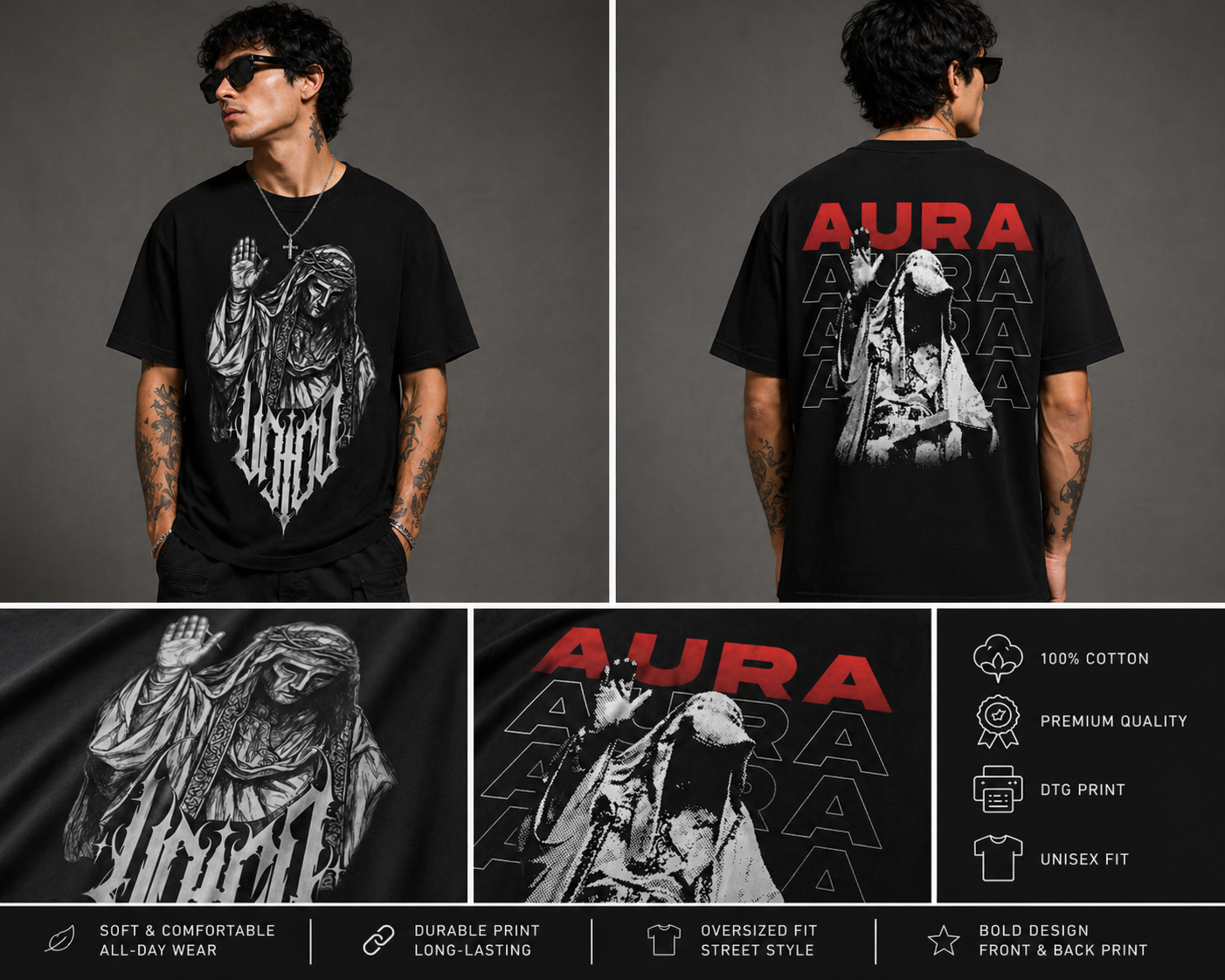 Aura Oversized Black T-Shirt – Premium Dual Graphic Streetwear